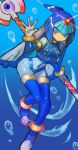  1girl android blue_eyes blue_hair breasts dakusuta helmet highres lance leviathan_(mega_man) mega_man_(series) mega_man_zero polearm small_breasts solo underwater water weapon 