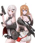  2girls alternate_hairstyle bag bare_shoulders black_jacket black_neckwear blonde_hair blue_eyes blush bow bowtie breasts cleavage closed_mouth collarbone cross dress earrings fal_(girls&#039;_frontline) feet_out_of_frame five-seven_(girls&#039;_frontline) five-seven_(gun) frilled_shirt frills girls&#039;_frontline gun hair_down hand_up handgun highres holding holding_gun holding_weapon jacket jacket_pull jewelry lithographica long_hair looking_at_viewer medium_breasts multiple_girls open_mouth orange_eyes shirt silver_hair sleeveless sleeveless_shirt smile standing weapon white_background white_dress white_hair white_shirt 