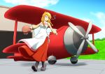  100_percent_orange_juice 1girl aircraft airplane apron beige_shirt biplane boots braid closed_eyes closed_mouth cloud flying_red_barrel full_body helmet highres holding holding_helmet long_hair long_skirt long_sleeves marc_(red_barrel) musical_note orange_hair rakkidei red_skirt skirt sky twin_braids 