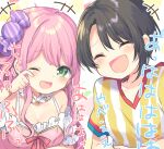  2girls black_hair bracelet breasts candy_hair_ornament cleavage closed_eyes crescent crescent_earrings detached_collar dress earrings food-themed_hair_ornament green_eyes hair_ornament highres himemori_luna hololive jewelry kosuzume medium_breasts multiple_girls one_eye_closed one_side_up oozora_subaru open_mouth pink_dress pink_hair rubbing_eyes shirt short_hair smile striped striped_shirt tears translation_request virtual_youtuber 