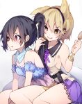  2girls :t armpit_peek bandana bangs bare_shoulders blonde_hair blouse blue_shirt blush bracelet breasts bright_pupils brushing_another&#039;s_hair chiroru_(cheese-roll) cleavage closed_mouth earmuffs feet_out_of_frame grey_background hair_between_eyes hand_up holding holding_brush jewelry kurokoma_saki leaning_forward long_hair looking_ahead looking_at_another medium_breasts multiple_girls no_hat no_headwear off-shoulder_shirt off_shoulder pointy_hair ponytail purple_neckwear purple_skirt red_eyes shirt short_hair sideboob simple_background sitting skirt sleeveless_blouse small_breasts smile thighs touhou toyosatomimi_no_miko very_long_hair yellow_eyes 