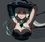  1girl :q armpits arms_behind_head arms_up black_choker black_headwear black_sclera breasts choker cleavage collarbone colored_sclera commentary_request cropped_torso detached_sleeves english_commentary floating_hair glowing glowing_eyes green_eyes grey_background hat korean_commentary league_of_legends licking_lips long_hair looking_at_viewer magic medium_breasts miss_fortune_(league_of_legends) pirate_hat ratatatat74 shiny shiny_skin simple_background single_sleeve solo strapless tongue tongue_out upper_body white_hair 