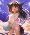  1girl animal_ears ball beach beachball black_hair blush casual_one-piece_swimsuit child cloud collar dog_ears dog_girl dog_tail eyebrows eyebrows_visible_through_hair hair_intakes highres kannagi_cocoa long_hair one-piece_swimsuit open_mouth original outdoors red_eyes ribbon sharp_teeth sky solo swimsuit tail tears teeth thighs toba_hiyoko wading white_swimsuit 