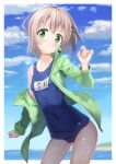 1girl beach blue_sky blue_swimsuit cloud commentary_request contrapposto cowboy_shot day flat_chest green_eyes green_jacket grey_hair horizon jacket kohshibasaki looking_at_viewer open_clothes open_jacket outdoors school_swimsuit short_hair sky solo standing swimsuit yama_no_susume yukimura_aoi 