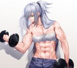  1girl abs bangs bare_shoulders biceps blue_pants breasts cleavage closed_mouth collarbone commentary_request cowboy_shot dodome_ichika drop_shadow dumbbell exercise eyebrows_visible_through_hair eyes_visible_through_hair green_eyes groin hair_between_eyes heterochromia holding long_hair looking_to_the_side messy_hair muscular muscular_female navel original pants sarashi shadow sidelocks silver_hair simple_background small_breasts solo standing stomach veins veiny_arms waka_(shark_waka) weightlifting white_background yellow_eyes 
