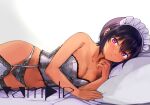  1girl blanket blush breasts cleavage collarbone commentary corset dark-skinned_female dark_skin garter_straps groin hair_between_eyes konbu_wakame lilith_(saikin_yatotta_maid_ga_ayashii) looking_at_viewer lying maid_headdress medium_breasts midriff navel on_side pillow purple_eyes purple_hair saikin_yatotta_maid_ga_ayashii sample short_hair simple_background solo symbol_commentary thighhighs twitter_username white_background white_corset white_legwear 