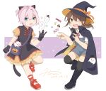  alternate_costume animal_ears bag black_cape black_dress black_footwear black_headwear black_legwear boots brown_hair cape cat_ears cat_tail dated dress fake_animal_ears frilled_dress frills fubuki_(kancolle) full_body ghost green_eyes hat hiroe_(cosmos_blue-02_421) jack-o&#039;-lantern kantai_collection long_hair looking_at_viewer low_ponytail messenger_bag one_eye_closed overalls ponytail red_footwear shiranui_(kancolle) shirt short_ponytail short_sleeves shoulder_bag sidelocks signature smile tail thighhighs two-tone_dress wand white_shirt witch_hat 