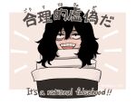  1boy aizawa_shouta bangs black_eyes black_hair boku_no_hero_academia border brown_background english_text facial_hair hair_between_eyes long_hair looking_at_viewer male_focus messy_hair nakamu_405 notice_lines open_mouth scarf solo stubble teeth translation_request twitter_username upper_body upper_teeth white_border 