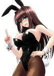  1girl animal_ears aozaki_aoko black_hair black_legwear black_leotard blue_eyes breasts bunny_ears bunny_tail commentary_request cowboy_shot detached_collar hair_intakes highres index_finger_raised large_breasts leotard long_hair looking_at_viewer mahou_tsukai_no_yoru pantyhose playboy_bunny simple_background smile solo strapless strapless_leotard tail white_background wrist_cuffs yuuk33 