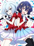  2girls black_hair black_legwear blue_eyes commentary_request gloves highres holding holding_microphone konno_junko light_blue_hair looking_at_viewer low_twintails microphone mizuno_ai multiple_girls music open_mouth puffy_short_sleeves puffy_sleeves red_eyes run_p_(aveton) short_eyebrows short_hair short_sleeves singing thighhighs twintails white_gloves zombie_land_saga 