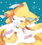  absurdres banchiku closed_eyes closed_mouth commentary_request gen_3_pokemon green_background grey_ribbon hands_together hands_up highres interlocked_fingers jirachi mythical_pokemon no_humans pokemon pokemon_(creature) smile solo star_(symbol) 