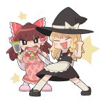  2girls apron bangs black_eyes black_footwear black_headwear black_skirt black_vest blonde_hair blunt_bangs blush_stickers bow braid breasts brown_hair closed_eyes commentary_request cookie_(touhou) crying crying_with_eyes_open detached_sleeves eyebrows_visible_through_hair frilled_bow frills full_body grater hair_bow hakurei_reimu hat hat_bow holding holding_knife kasugai_(nicoseiga12232888) kirisame_marisa knife long_hair looking_at_viewer mary_janes medium_breasts multiple_girls necktie open_mouth pink_apron pink_footwear red_bow red_shirt rurima_(cookie) shirt shoes side_braid single_braid skirt socks standing star_(symbol) suzu_(cookie) tears touhou vest waist_apron white_background white_bow white_legwear white_shirt white_sleeves witch_hat yellow_neckwear 