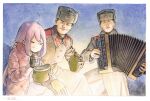  &gt;_&lt; 1girl 2boys accordion ahoge closed_eyes commentary_request dated eating flask fur_hat hat horikou instrument kagamihara_nadeshiko multiple_boys music pink_coat pink_hair playing_instrument signature soviet_army spoon trench_coat ushanka winter_clothes yurucamp 