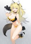  1girl alternate_costume animal_ear_fluff animal_ears arm_behind_back bangs bell black_legwear black_tank_top blonde_hair blue_oath blush bra breasts cleavage eyebrows_visible_through_hair fake_animal_ears fake_tail fur gloves grey_eyes hand_up long_hair looking_at_viewer medium_breasts navel neck_bell open_mouth panties paw_gloves paw_pose paws saratoga_(beware_the_wolf)_(blue_oath) saratoga_(blue_oath) simple_background smile socks solo standing standing_on_one_leg tail tank_top unarrival_cloud underwear yellow_bra yellow_panties 
