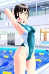  1girl absurdres armpits arms_behind_head bangs bench black_hair blunt_bangs brown_eyes commentary_request competition_swimsuit cowboy_shot glasses green_swimsuit highres indoors lane_line looking_at_viewer multicolored multicolored_clothes multicolored_swimsuit one-piece_swimsuit original pool short_hair solo standing swimsuit takafumi two-tone_swimsuit 