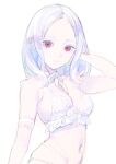  1girl bangs blue_hair bra breasts cleavage closed_mouth colored_inner_hair enkyo_yuuichirou hand_in_hair highres looking_at_viewer medium_breasts medium_hair multicolored_hair navel original parted_bangs purple_hair red_eyes simple_background solo underwear upper_body white_background white_bra 