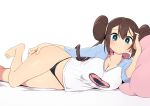  1girl barefoot black_panties blue_eyes blush breasts brown_hair cleavage commentary double_bun large_breasts legs long_hair long_sleeves looking_at_viewer lying on_side panties pokemon pokemon_(game) pokemon_bw2 raglan_sleeves rosa_(pokemon) shirt simple_background solo tottotonero twintails underwear white_background 