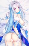  1girl aimee_(emi) ass bangs blue_bow blue_dress blue_hair blunt_bangs bow breasts censored colored_inner_hair dakimakura_(medium) dress eyebrows_visible_through_hair fur_trim garter_straps gloves hand_on_own_ass highres lize_helesta long_hair looking_at_viewer looking_back lying multicolored_hair nijisanji nipples on_bed on_stomach open_mouth purple_eyes pussy_juice silver_hair solo tiara two-tone_hair virtual_youtuber white_gloves 
