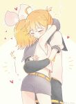  =_= ahoge armpits arms_around_neck arms_around_waist back bare_shoulders blonde_hair blush bow brother_and_sister closed_eyes crop_top detached_sleeves flying_heart hair_bow hands_on_another&#039;s_back headphones headset heart hug kagamine_len kagamine_rin leaning_forward midriff sailor_collar shirt short_hair short_ponytail short_sleeves shorts siblings sleeveless sleeveless_shirt standing tono_kabeuchi twins vocaloid white_bow 