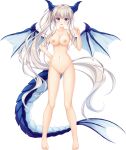  1girl absurdres ass_visible_through_thighs bangs barefoot blue_eyes blush completely_nude dragon_girl dragon_horns dragon_tail dragon_wings drapri_guu-ta-life_2 full_body hand_on_hip highres horns iris_(drapri_guu-ta-life) long_hair looking_at_viewer navel nipples no_pussy nude official_art open_mouth photoshop_(medium) solo tail takano_yuki_(allegro_mistic) transparent_background very_long_hair white_hair wings 