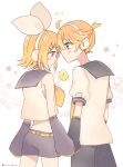  ! 1boy 1girl ahoge ascot back bare_shoulders blonde_hair blue_eyes blush bow brother_and_sister crop_top detached_sleeves eye_contact face-to-face floral_background hair_bow hair_ornament hairclip headphones headset holding_hands kagamine_len kagamine_rin looking_at_another midriff necktie pink_background sailor_collar shirt short_hair short_ponytail shorts siblings signature sleeveless sleeveless_shirt slender_waist spoken_exclamation_mark tono_kabeuchi twins twitter_username vocaloid white_bow yellow_neckwear 