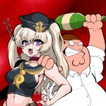  1boy 1girl :3 absurdres anchor_hat_ornament azur_lane bache_(azur_lane) bangs black_shirt blonde_hair blush bottle breasts brown_hair choker collared_shirt commentary_request crop_top crossover eyebrows_visible_through_hair family_guy fat fat_man glasses great_gonzales hair_between_eyes hand_on_another&#039;s_shoulder hat highres holding holding_bottle long_hair looking_at_another medium_breasts open_mouth peter_griffin purple_eyes round_eyewear sailor_collar sailor_hat shirt sweat sweating_profusely two_side_up upper_body white_shirt 