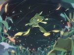  ampharos blurry closed_eyes cloud commentary_request depth_of_field floating from_below gen_2_pokemon gen_3_pokemon grass hands_up highres jirachi mareep mythical_pokemon night no_humans outdoors pokemon pokemon_(creature) ribbon sky wind zaber_(littlesuzume) 