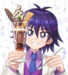  1boy antenna_hair bangs blue_neckwear blush clenched_teeth collared_shirt commentary_request cup dessert food grin hair_between_eyes hands_up holding holding_cup holding_spoon jacket kaiba_mokuba koma_yoichi long_sleeves male_focus medium_hair necktie number purple_eyes purple_hair purple_shirt purple_vest shirt smile solo spoon teeth vest white_jacket yu-gi-oh! 