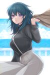  1girl alternate_costume bangs banned_artist black_shirt blue_eyes blue_hair breasts byleth_(fire_emblem) byleth_(fire_emblem)_(female) commentary_request fire_emblem fire_emblem:_three_houses grey_pants highres large_breasts long_hair long_sleeves looking_at_viewer pants shimizu_akina shirt smile solo suspenders 