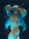  1boy abs absurdres air_bubble arms_on_head arms_up ass bara bare_pectorals beard blue_eyes blue_hair blue_shirt bottomless bubble eru_(eruprior) facial_hair fins fish_boy hand_on_own_head highres large_pectorals looking_to_the_side male_focus mature_male muscular muscular_male naked_shirt navel navel_hair nipples open_clothes open_shirt pectorals shirt short_hair sideburns solo stomach stubble thick_thighs thighs tokyo_houkago_summoners triton_(tokyo_houkago_summoners) underwater 
