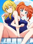  2girls ahoge bare_shoulders blonde_hair blue_sky blue_swimsuit cloud commentary_request crossed_legs drill_hair green_eyes highres hoshii_miki idolmaster idolmaster_(classic) locked_arms looking_at_viewer multiple_girls one-piece_swimsuit one_eye_closed orange_hair pool run_p_(aveton) school_swimsuit sitting sky swimsuit takatsuki_yayoi twin_drills water 