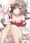  1girl absurdres animal_ears arknights bandeau bare_arms bare_shoulders bikini breasts brown_hair cleavage detached_sleeves eyjafjalla_(arknights) eyjafjalla_(summer_flowers)_(arknights) feet_out_of_frame hand_up highres horns knees_together_feet_apart knees_up large_breasts leg_garter long_hair pink_eyes puffy_short_sleeves puffy_sleeves shao_(shaorouhong) sheep_ears sheep_horns short_sleeves solo strapless strapless_bikini swimsuit thighs 