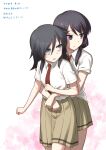  2girls bags_under_eyes bangs black_hair clenched_hands closed_mouth collared_shirt commentary_request cowboy_shot eyebrows_visible_through_hair green_eyes hair_between_eyes heebee hug hug_from_behind kuroki_tomoko long_hair looking_at_another looking_away looking_to_the_side low_twintails multiple_girls necktie number parted_lips pleated_skirt purple_eyes red_neckwear school_uniform shirt shirt_tucked_in short_sleeves skirt standing sweatdrop tamura_yuri translation_request twintails watashi_ga_motenai_no_wa_dou_kangaetemo_omaera_ga_warui! white_background white_shirt yellow_skirt 