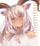  1girl animal_ears arknights bare_shoulders beeswax_(arknights) beeswax_(weisser_sand)_(arknights) blush dark-skinned_female dark_skin goat_ears goat_girl goat_horns hair_between_eyes highres horns jacket long_hair looking_at_viewer official_alternate_costume shirt sketch sleeveless sleeveless_shirt solo upper_body white_background white_hair white_jacket white_shirt x_vernichter yellow_eyes 