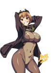  1girl arms_up belt breasts brown_eyes brown_hair commission contrapposto covered_navel harness highres jacket large_breasts last_origin looking_at_viewer rantia short_hair skin_tight smirk solo t-2_brownie white_background 