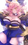  1girl animal_ear_fluff animal_ears blue_kimono blue_legwear blue_ribbon blush breasts cleavage collarbone eyebrows_visible_through_hair fate/extella fate/extra fate/grand_order fate_(series) fox_ears fox_girl fox_shadow_puppet fox_tail hair_ribbon highres japanese_clothes kimono large_breasts looking_away merichi_(ogaomega) pink_hair ribbon simple_background solo tail tamamo_(fate)_(all) tamamo_no_mae_(fate) white_background yellow_eyes 