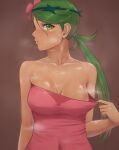 1girl arms_at_sides blush breasts brown_background cleavage collarbone covered_navel dark-skinned_female dark_skin flower green_hair green_hairband hair_ornament hairband highres looking_at_viewer mallow_(pokemon) mil_k_vanilla pink_flower pokemon pokemon_(game) pokemon_sm ponytail red_tubetop shirt_tug simple_background skin_tight steaming_body strapless sweat sweating_profusely sweaty_clothes tan tubetop turning_head 
