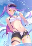  1girl absurdres anichika bikini ear_piercing food green_eyes highres hololive jacket navel navel_piercing open_clothes open_shorts piercing popsicle purple_hair shorts swimsuit tokoyami_towa tongue tongue_out visor_cap water white_jacket 