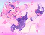  bell boots bow breasts cleavage fang garter heart horns ironmouse komusun pink pink_eyes pink_hair polychromatic short_hair signed skirt tail twintails vshojo waifu2x 