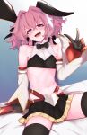  1boy absurdres animal_ears astolfo_(fate) astolfo_(saber)_(fate) bare_shoulders black_bow black_gloves black_legwear black_neckwear black_ribbon blush bow bowtie bunny_ears detached_sleeves doyagao fake_animal_ears fang fate/grand_order fate_(series) gloves hair_bow hair_intakes hair_ribbon highres huge_filesize long_hair looking_at_viewer low_twintails male_focus midriff multicolored_hair navel otoko_no_ko pectorals pink_hair purple_eyes ribbon skin_fang smile smug solo streaked_hair thighhighs twintails v white_hair wing_collar yoomix 