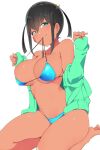  1girl bikini blue_bikini breasts brown_hair dark_skin green_eyes highres hood hoodie large_breasts manabebebe mouth_hold open_clothes open_hoodie original seiza short_hair sidelocks sitting sleeves_past_wrists smile solo swimsuit twintails white_background 
