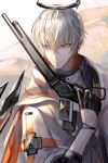  1boy absurdres arknights bangs black_gloves commentary_request executor_(arknights) gloves grey_eyes gun hair_between_eyes halo highres holding holding_gun holding_weapon jacket male_focus pottsness short_hair shotgun silver_hair upper_body weapon white_jacket 