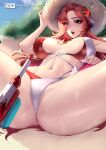  ass bangs between_breasts bikini breasts cian_yo covered_nipples cross-laced_bikini cross-laced_clothes crotch eyes_visible_through_hair green_eyes hair_ornament hair_ribbon hat large_breasts league_of_legends lying miss_fortune_(league_of_legends) navel on_back open_mouth outdoors parted_bangs pussy red_hair ribbon sand shiny shiny_skin sideboob spread_legs string_bikini sun_hat surprised sweat sweatdrop swimsuit thick_thighs thighs water_gun 