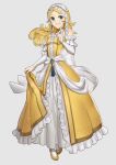  1girl absurdres bare_shoulders blonde_hair blue_eyes bow breasts dress ebinku fire_emblem fire_emblem_awakening grin headdress highres holding holding_clothes holding_dress index_finger_raised jewelry lissa_(fire_emblem) looking_at_viewer ring small_breasts smile yellow_dress yellow_footwear 