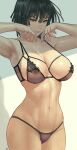  1girl armpits arms_up bangs bare_shoulders blunt_bangs breasts cleavage closed_mouth covered_nipples fubuki_(one-punch_man) green_hair highres large_breasts lingerie navel one-punch_man stomach thighs underwear zefrableu 