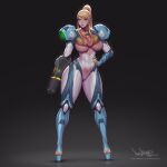  armor blonde_hair blue_lips body_armor breasts dread feet hand_on_hip high_heels large_breasts lipstick makeup metroid nail nail_polish pinkdrawz plugsuit ponytail samus_aran skin_tight thick_thighs thighs toes weapon 