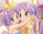  2girls arms_around_neck bangs bare_arms bare_shoulders blue_camisole blue_ribbon blush bow bow_hairband breasts camisole cheek-to-cheek cleavage closed_mouth commentary_request eye_contact eyebrows_visible_through_hair hair_bow hair_ribbon hairband happy hiiragi_kagami hiiragi_tsukasa hotaru_iori hug ichimi_renge indoors long_hair looking_at_another lucky_star multiple_girls picture_(object) picture_frame pillow purple_eyes purple_hair ribbon short_hair siblings sisters small_breasts spaghetti_strap split_mouth star_(symbol) twins twintails upper_body yellow_bow yellow_camisole yellow_hairband 