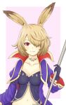  1girl absurdres althemia animal_ears atorie bangs blonde_hair breasts bunny_ears closed_mouth dragalia_lost hair_over_one_eye highres holding holding_staff long_hair looking_at_viewer medium_breasts navel pink_background red_eyes short_hair smile solo staff upper_body 