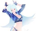  1girl alternate_costume angel_(kof) bangs belt blue_hair breasts cleavage eyebrows_visible_through_hair ffffcoffee fingerless_gloves gloves jacket kula_diamond leather leather_jacket long_hair looking_at_viewer midriff purple_eyes simple_background small_breasts smile snk_heroines:_tag_team_frenzy the_king_of_fighters white_background zipper 