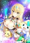  bangs bare_legs bare_shoulders blonde_hair breasts chest_jewel cleavage cleavage_cutout clothing_cutout commentary_request crossover daive dress earrings elbow_gloves gen_1_pokemon gen_3_pokemon gen_5_pokemon gloves highres jewelry jirachi large_breasts long_hair mythical_pokemon mythra_(xenoblade) pikachu pokemon short_dress snivy swept_bangs tiara very_long_hair white_dress white_gloves xenoblade_chronicles_(series) xenoblade_chronicles_2 yellow_eyes 
